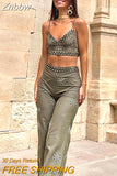Znbbw Women Vintage Embroidery Sling Tank Two Pieces Sets Summer Female V-neck Sleeveless Crop Top+high Waist Straight Leg Pants Suit