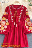 Znbbw New Bohemian Retro Folk Style Vestidos Female Heavy Industry Embroidery Round Neck Puff Sleeve Loose Mini Dress GL120