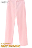 Znbbw TRAF Pink Two Piece Set Women Kawaii Sweet Party Long Pant Set Female Long Sleeve Blazer + Elegant Pant Suit 2023
