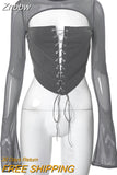 Znbbw Mesh Patchwork Lace Up Corset T-Shirt Women Flare Long Sleeve Cut Out Tee Shirt 2023 Spring Fall Harajuku Y2K Clothes