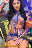Znbbw Women Fashion Autumn Long Sleeve Patchwork Bodycon Printed Package Hip Mini Short Dress 2023 Female Clothing Streetwear