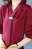 Znbbw Women Blusas Mujer De Moda 2023 Spring Long Sleeve Bow V-Neck Chiffon Blouse Shirt Women Tops Blouses Femme Shirts D412