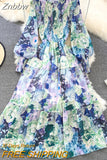 Znbbw Women's Spring Autumn Long Sleeved Chiffon Dress with Wooden Ear Edge Waist Closing Floral Holiday Big Hem Long Dress D2460