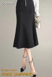Znbbw Waist Black Midi Skirts For Women Elegant Ruffles Long Mermaid Skirt Fashion Office Lady OL Skirts Faldas Mujer 2023