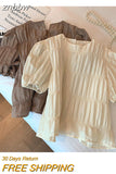 znbbw Summer Vintage Casual Style Round Neck Puff Sleeve Solid Color T-shirts For Women Fashion Chiffon Folds Loose Fit Tees Top