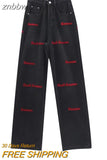 znbbw Embroidery High Waist Straight Black Jeans Pants 2023 Korean Style Women's Wide Leg Baggy Y2K Female Denim Trouser