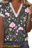 Znbbw V-neck Floral Print Blouse Women Short Sleeve Tops Fashion 2023 Cssual Shirts Female Loose Elegant Blouses Blusas 24785