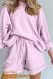 Znbbw Women 2 Piece Outfit Short Set Summer Long Sleeve Shirt Tops and Loose Shorts Pockets Casual Oversized Workout Sport Tracksuit