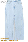 Znbbw TRAF Women's Front Slit Blue Denim Skirt Pockets High Waist Slim Zipper Fly Midi Skirts 2023 Spring Female Streetwear