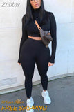 Znbbw 2-Pcs Women's Long Sleeve Sportswear Solid Color Elastic Crop Top Tight-fitting Long Pant Outfit Set