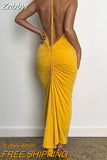 Znbbw Elegant Lace Up Backless Maxi Dress Women Outfits Summer Halter Sleeveless Bodycon Ruched Long Dress Vestido
