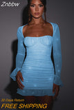Znbbw Elegant Backless Sexy Mini Dress For Women Robe Two Layer Mesh Full Sleeve Zipper Bodycon Party Short Dress Vestido