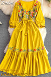 Znbbw Women Summer Dress Retro Bohemian National Style Square Collar Embroidery Seaside Holiday Big Hem Long Vestidos D2473