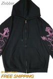 Znbbw Gothic Butterfly Print Oversize Zip Up Hoodies 2023 Winter New Grunge Long Sleeve Sweatshirt Casual Hooded Jacket Streetwear