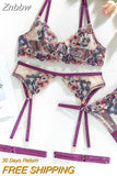 Znbbw Fancy Lingerie Floral Underwear 5-Piece Transparent Lace Intimate Luxury Push Up Bra Panty Set Garter Sexy Outfits