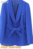 Znbbw Tops With Belt Pant Sets Women Fashion Single Button Jacket Trousers Autumn Winter Office Outfits Outwear