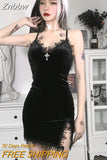 Znbbw Cross Black Mini Dress Vintage Sexy Spaghetti Strap High Waist Slit Dresses Goth Party Club Women Dress