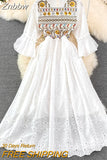Znbbw Ethnic Style Embroidery Hollow Round Neck Trumpet Sleeve Waist A-line Dress Seaside Holiday Swing Vestidos Women D1233