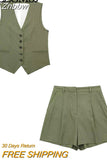 Znbbw TRAF Summer Linen Suits Women Buttons Sleeveless Thin Vest Crop Top Female Pleated Shorts Set Women 2 Piece Set
