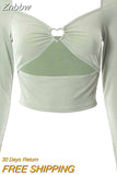 Znbbw V-neck Long Sleeve Crop Tops Spring Fall Casual Fashion Women Square Collar Slim Ribbed T-Shirts Backless Tee