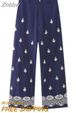Znbbw TRAF Women Vintage Patchwork Embroidery Casual Linen Wide Leg Pants Chic High Waist Zipper Ankle Length Trousers