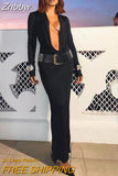 Znbbw Low Cut Long Sleeve Slim Fit Maxi Dress Women Black Gothic Elegant Party Vestidos 2023 Spring Fall Harajuku Y2K Clothes