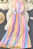 Znbbw Summer Temperament Vestidos Feminine Strapless Sling Square Collar Rainbow Gradient Color Slimming Holiday Midi Dress C361