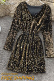 Znbbw Spring Autumn Women's Sequin V-neck Dress Long Sleeve Dress New Temperament Slim Sexy Party Dress Bottoming Dress Y245