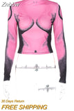 Znbbw Abstract Print Slim Fit T-Shirts Women O Neck Long Sleeve Crop Top 2023 Spring Fall Casual Lolita Y2K Clothes