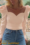 Znbbw Offer Hot Sale Korean2023 autumn solid color vintage new women shirts puff sleeve square sexy small V-neck Slim blouse