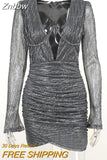 Znbbw 2023 Autumn Deep V Collar Full Sleeve Mini Dress For Women Gown Fashion Sexy Ruched Club Party Dress Clothes