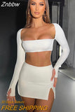 Znbbw Sexy Dress Set Women White Square Collar Full Sleeve Crop Top And Mini Skirt Matching Sets Ladies Party Two Piece Set
