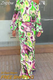 Znbbw Pattern Print Women Suit Casual Diagonal Neck Long Sleeve Top And High Waist Skirt Suit Ladies Fashion Slim 2 Piece Sets