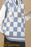 Znbbw Korean Style Plaid Green Sweater Vest Women Vintage Cartoon Print Knitted Jumper Female Sleeveless V-neck Autumn Tops