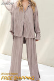 znbbw Women Pleated 2 Piece Sets Long Sleeve Blouse Tops And Split Wide Leg Pant Suit Female Fashion Casual Loose Homewear Outfit