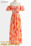 Znbbw New Seaside Holiday Dress Female Bubble Sleeve Square Neck Strapless Sling Long Print Pleated Dress UK881