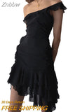 Znbbw Women One-shoulder Ruffled Sleeveless Mini Dress Irregular Mesh Summer Bodycon Dress for Club Party