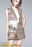 Znbbw Floral Grid Print Short Pant 2 Piece Set Women Notched Single-Breasted Sleeveless Blazer Jacket + Wide Leg Shorts Set