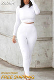 Znbbw 2-Pcs Women's Long Sleeve Sportswear Solid Color Elastic Crop Top Tight-fitting Long Pant Outfit Set