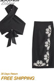 Znbbw TRAF Woman 2 Pieces Midi Skirts Sets 2023 Summer Women Suit Tops Embroider Skirts Set Womens Outfits