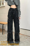 Znbbw Vintage High Waist Streetwear Denim Pants Black Clothes Pockets Straight Wide Leg Trousers Baggy Jeans Women Cargo Pants