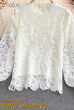 Znbbw Women Spring Autumn Blouse Elegant Gentle Wind Water Soluble Hook Flower Hollow Lace Shirt  Western Relaxed Crew Neck Top D2049