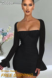 Znbbw Elegant Backless Sexy Mini Dress For Women Robe Two Layer Mesh Full Sleeve Zipper Bodycon Party Short Dress Vestido