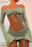 znbbw Green Drawstring Ruched 2 Piece Sets For Women Sexy Tie Front Top And Skirt Fashion Outfits Matching Sets Clothes Skirt