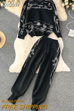 Znbbw Women's Long Sleeve Jacquard Knit Pullover Sweaters+Elastic Waist Pants Sets Fashion Trousers Two Pieces Costumes Outfits
