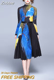 Znbbw Women Vintage Long Sleeve Stretch Printed Tops + High Elastic Waist Pleated Skirt Set Suit Runway 2 Piece Set 2023 Autumn