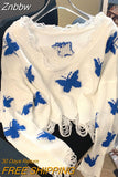 Znbbw Korean Fashion Graphic Knitted Sweater Woman Harajuku Sweet Oversized Cropped Tops Off Shoulder Casual Loose Jumper Y2K