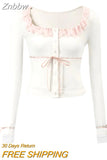 Znbbw Women's Sweet Slim Crop Tops Solid Color Lace Patchwork Long Sleeve U-Neck Front Button Tops Streetwear