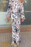 Znbbw Pattern Print Women Suit Casual Diagonal Neck Long Sleeve Top And High Waist Skirt Suit Ladies Fashion Slim 2 Piece Sets
