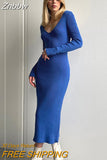 Znbbw Women Winter Knitted Backless Elegant Sweater Dress Casual Long Sleeve V-Neck Slim Skirt Lady 2023 New Bodycon Midi Dresses